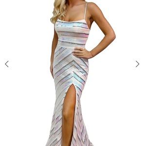 Pink, Blue, Silver, and White Striped Prom Formal Dress